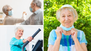 Photos of two residents in masks bumping elbows, a resident using a treadmill, and a resident smiling while pulling down her mask